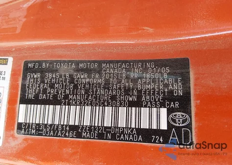 2005 Toyota Matrix Xr from USA, damaged, VIN 2T1KR32E05C430830